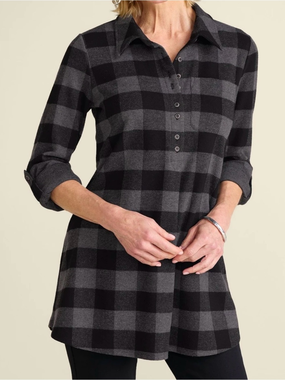 Soft Surroundings Black & Gray Buffalo Plaid Buttoned Tunic